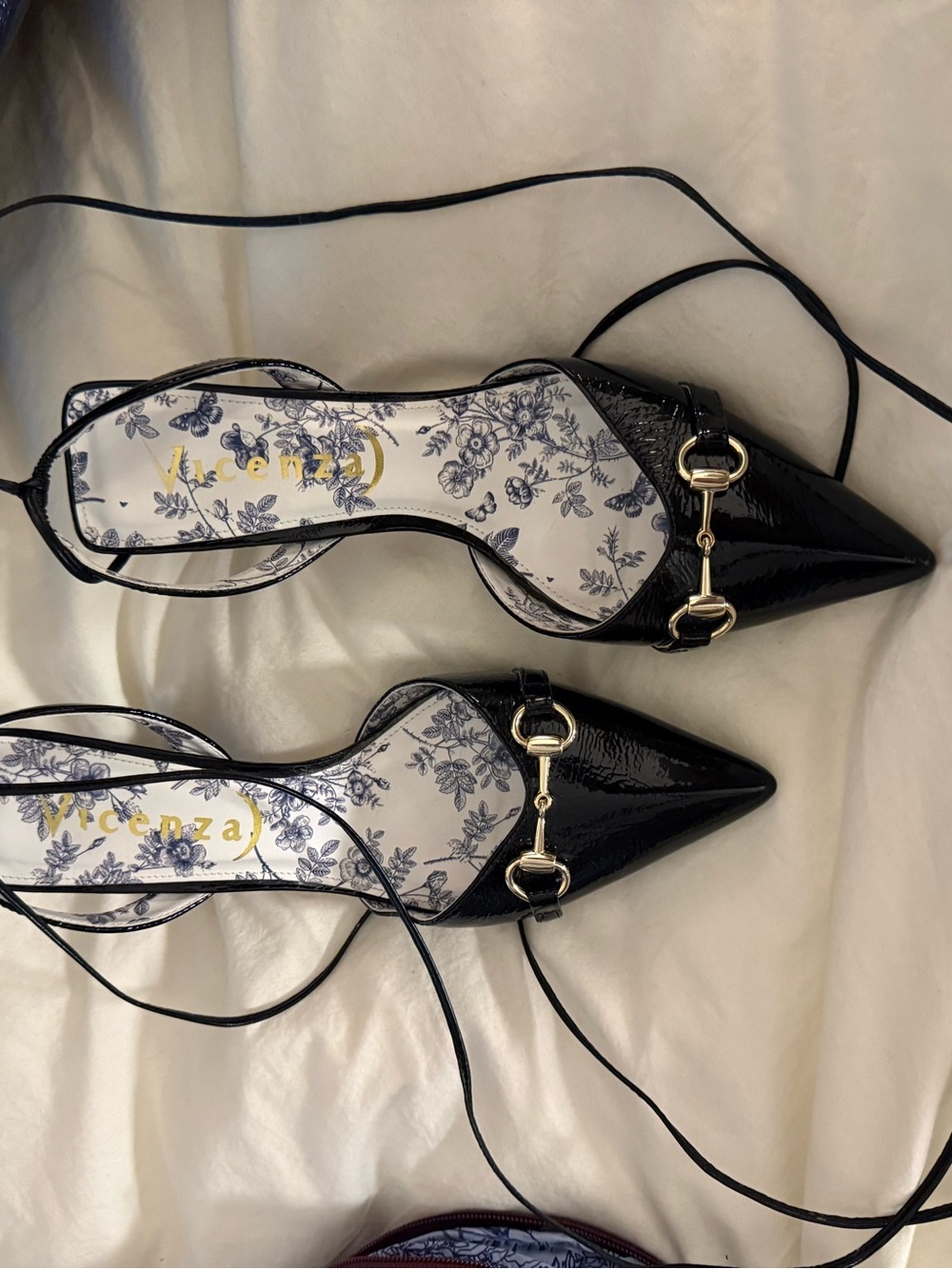 Vicenza Black Patent Pointed-Toe Lace-Up Heels with Gold Bit